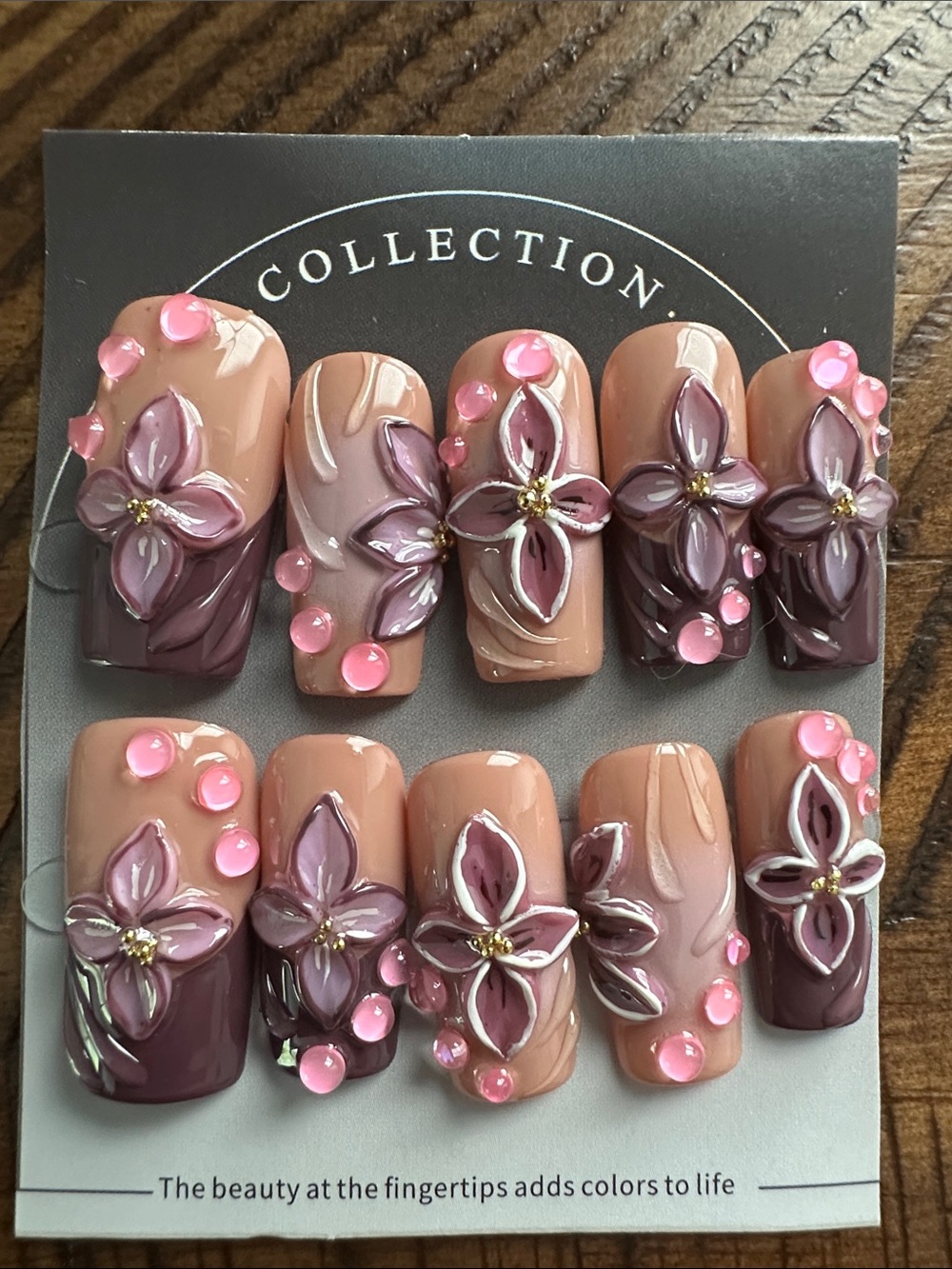Floral 3D Press-On Nails in Nude and Mauve - Women Makeup